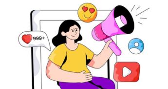 Cartoon woman with a megaphone and phone, showcasing social media icons, representing influencer collaborations.