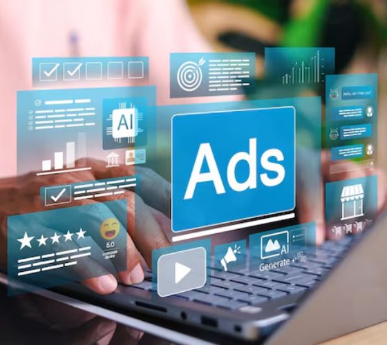 A man focused on a laptop displaying various advertisements, highlighting unique paid advertisement services.